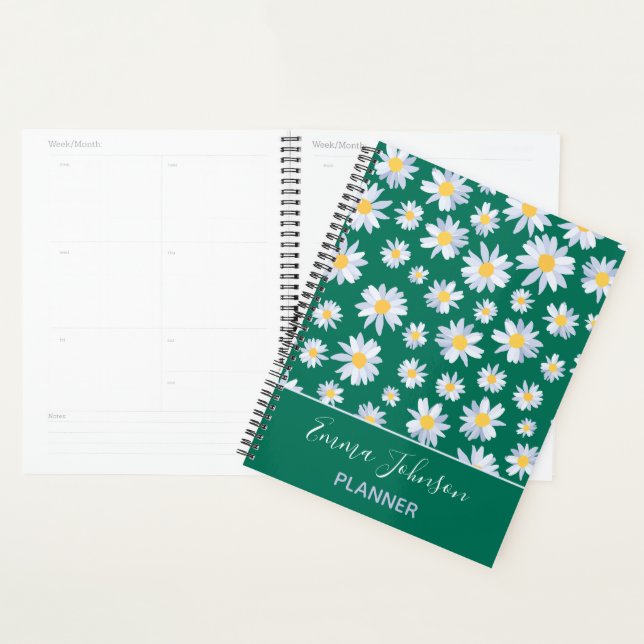 Classy White Daisy Flowers Botanical Green design Planner (Display)