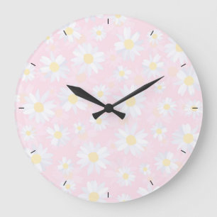 Classy White Daisy Flowers Botanical Pink design Large Clock
