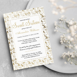 Classy white elegant gold floral frame Sweet 16 Invitation
