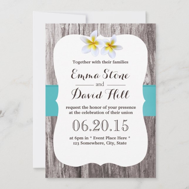 Classy White Frangipani Blue Beach Wedding Invitation (Front)