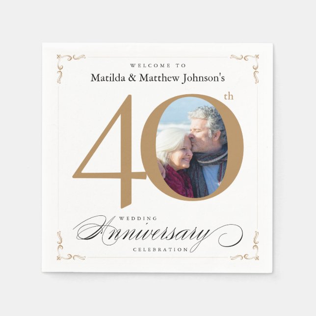 Classy White Gold Calligraphy 40th Anniversary Napkins (Front)
