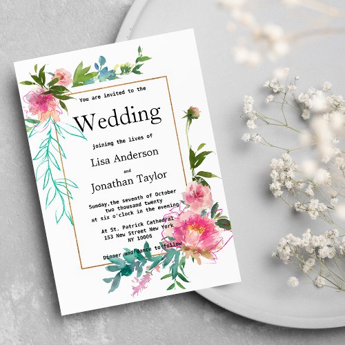 Classy white gold pink teal floral Wedding Invitation