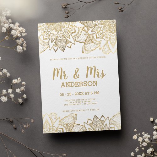 Classy white gold script MR MRS mandala wedding Invitation