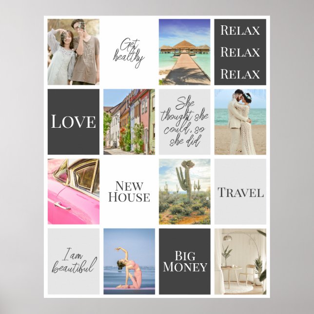 Classy White Gray Photo Grid Vision Board Poster (Front)