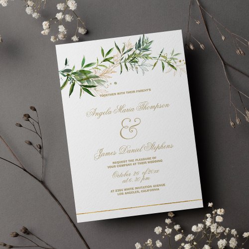 Classy white green gold glitter foliage wedding invitation