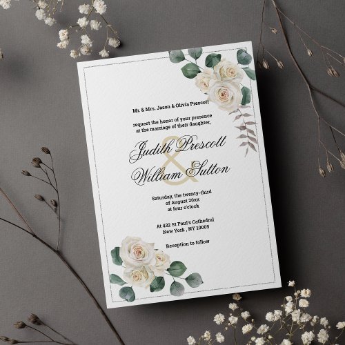 Classy white green silver glitter floral wedding  invitation