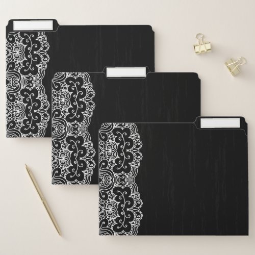 Classy White Lace Black Background File Folder