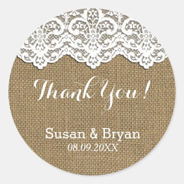 Classy White Lace & Burlap Thank You Sticker | Zazzle