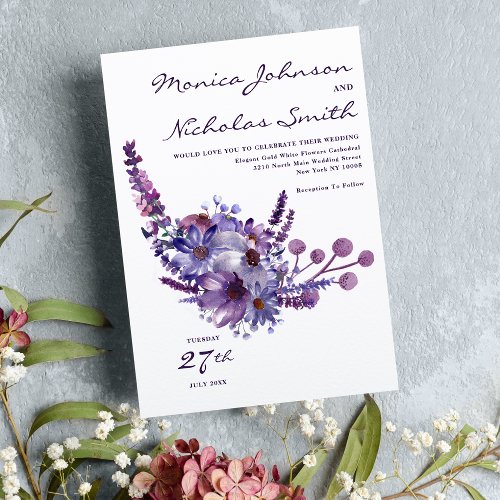 Classy white lavender purple pink floral wedding invitation