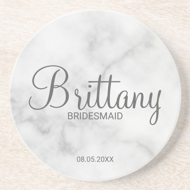 Classy White Marble Personalized Bridesmaids Coaster (Front)