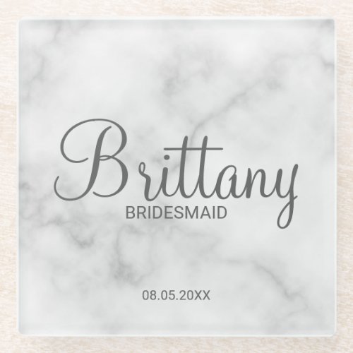 Classy White Marble Personalized Bridesmaids Glass Coaster