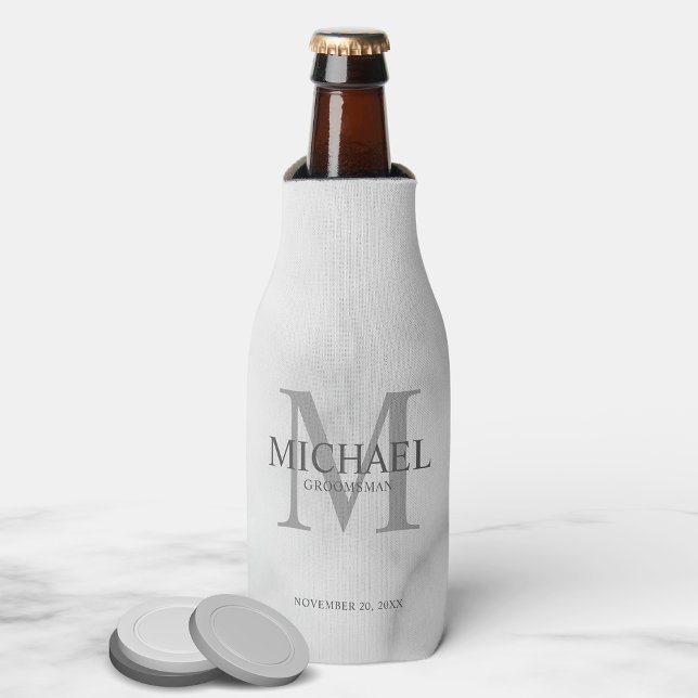 Classy White Marble Personalized Groomsmen Bottle Cooler (Creator Uploaded)