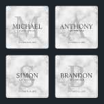 Classy White Marble Personalized Groomsmen Coaster Set<br><div class="desc">Add a personal touch to your wedding with personalized groomsmen coaster set. This coaster set features personalized groomsman's name with title and wedding date in grey and monogram in light grey as background, in classic serif font style, on white marble background. Also perfect for best man, father of the bride,...</div>