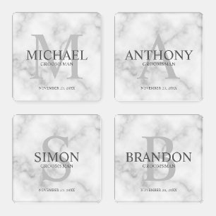 Classy White Marble Personalized Groomsmen Coaster Set