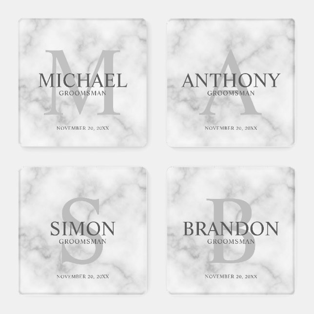 Classy White Marble Personalized Groomsmen Coaster Set (Set)