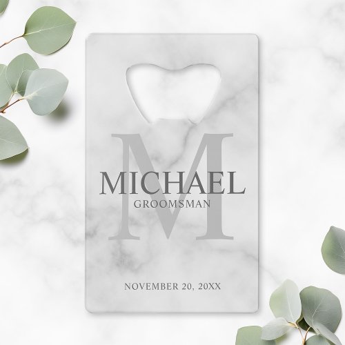 Classy White Marble Personalized Groomsmen Credit Card Bottle Opener