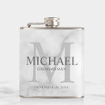 Classy White Marble Personalized Groomsmen Flask<br><div class="desc">Add a personal touch to your wedding with personalized groomsmen flask. This flask features personalized groomsman's name with title and wedding date in grey and monogram in light grey as background, in classic serif font style, on white marble background. Also perfect for best man, father of the bride and more....</div>