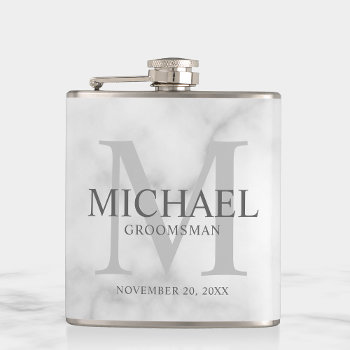 Classy White Marble Personalized Groomsmen Flask by manadesignco at Zazzle