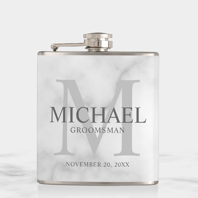 Classy White Marble Personalized Groomsmen Flask (Creator Uploaded)