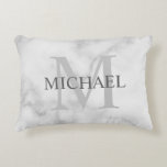 Classy White Marble Personalized Monogram and Name Accent Pillow<br><div class="desc">Personalized Monogram and Name Gift
features personalized name in grey and monogram in light grey as background,  in classic serif font style,  
on white marble background.

Perfect as holiday gift,  family reunion favors,  housewarming gift,  wedding gift and gift for any special occasions.</div>