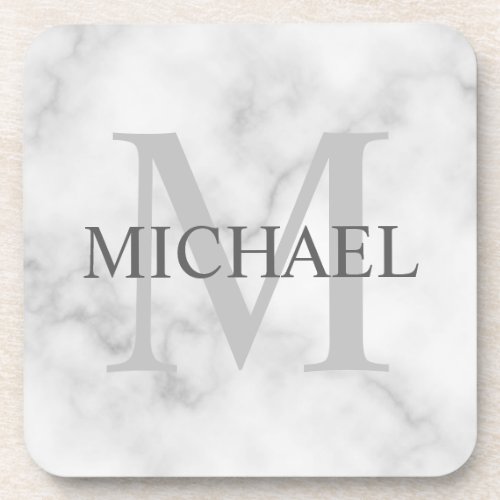 Classy White Marble Personalized Monogram and Name Beverage Coaster