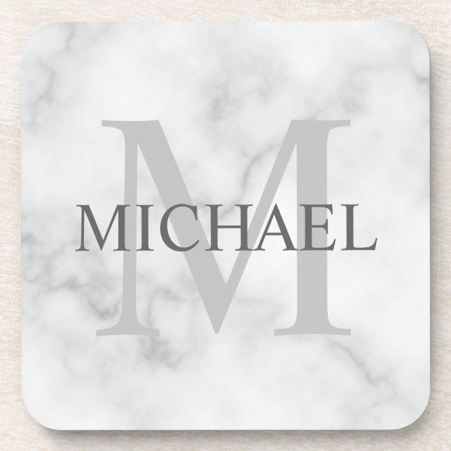 Classy White Marble Personalized Monogram and Name Beverage Coaster (Front)