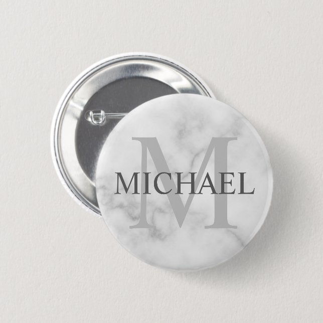 Classy White Marble Personalized Monogram and Name Button (Front & Back)