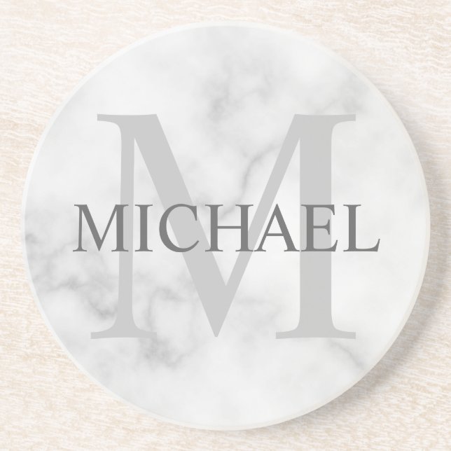 Classy White Marble Personalized Monogram and Name Coaster (Front)