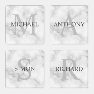 Classy White Marble Personalized Monogram and Name Coaster Set