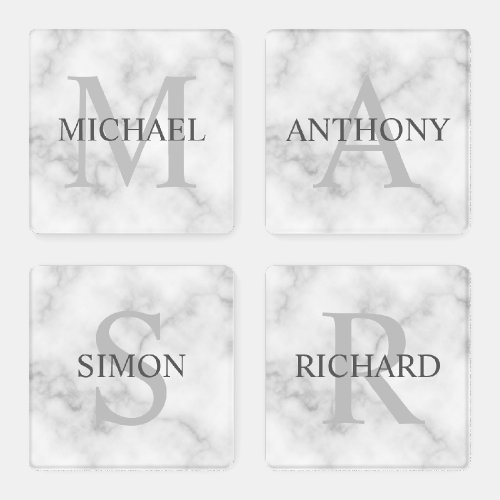 Classy White Marble Personalized Monogram and Name Coaster Set