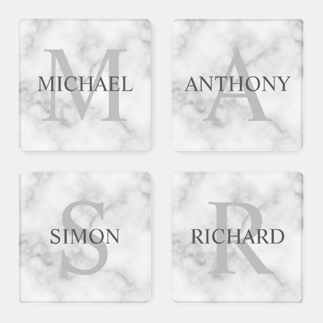 Classy White Marble Personalized Monogram and Name Coaster Set (Set)