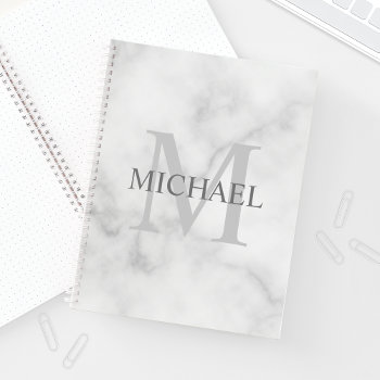 Classy White Marble Personalized Monogram And Name Notebook by manadesignco at Zazzle