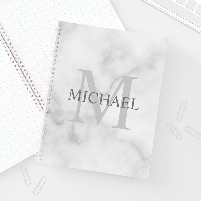 Classy White Marble Personalized Monogram and Name Notebook (Creator Uploaded)