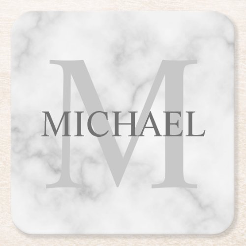 Classy White Marble Personalized Monogram and Name Square Paper Coaster