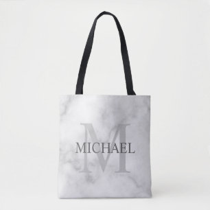 Classy White Marble Personalized Monogram and Name Tote Bag