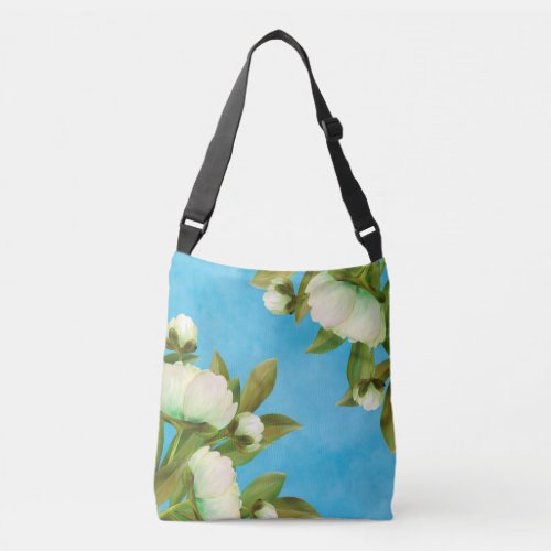 Classy White Peonies Floral Bouquet Crossbody Bag