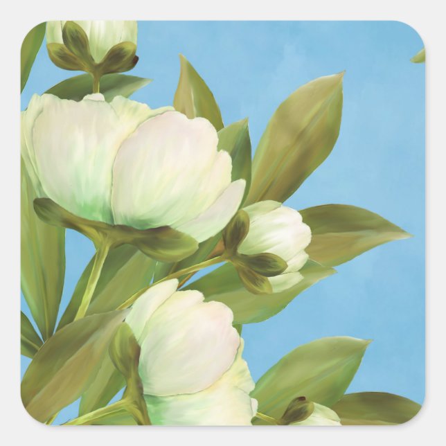 Classy White Peonies Floral Bouquet Square Sticker (Front)