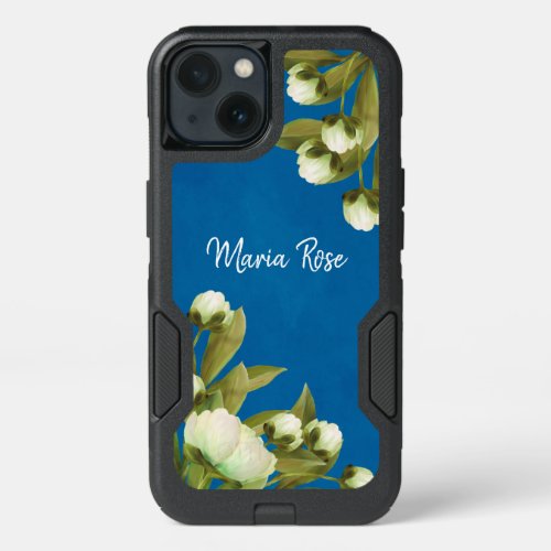 Classy White Peonies Floral Bouquet with Navy Blue iPhone 13 Case