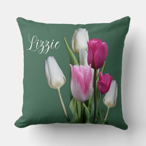 Classy white pink tulips Lizzie name customizable  Throw Pillow