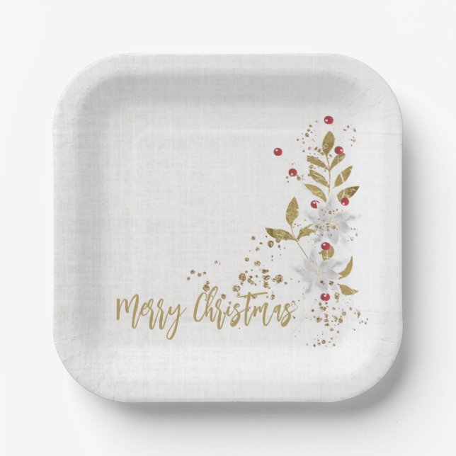 Classy White Poinsettia White Linen Gold Glitter Paper Plates (Front)