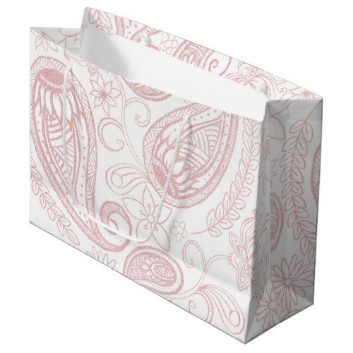 Classy White Rose Gold Glitter Paisley Floral Large Gift Bag