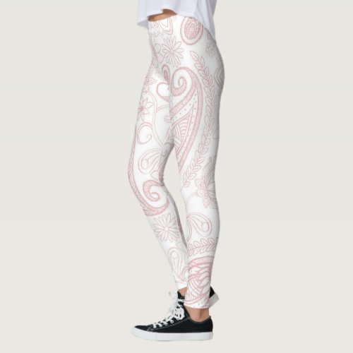 Classy White Rose Gold Glitter Paisley Floral Leggings