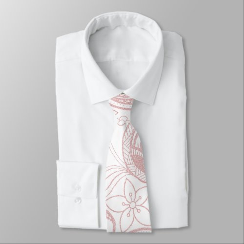 Classy White Rose Gold Glitter Paisley Floral Neck Tie