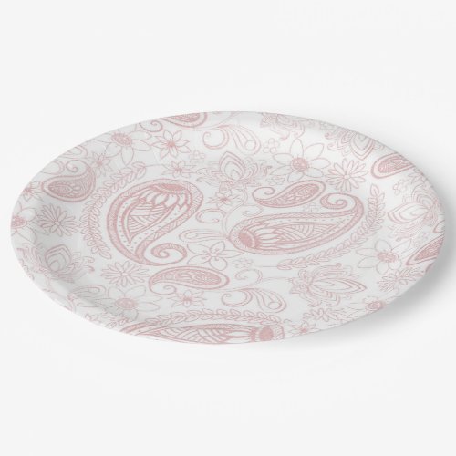 Classy White Rose Gold Glitter Paisley Floral Paper Plates
