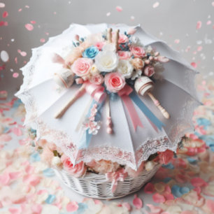 CLASSY WHITE SHOWER UMBRELLA FLOWERS, BABY RATTLE INVITATION