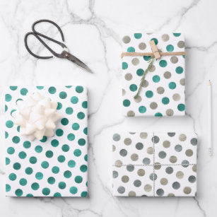  Classy White Teal & Silver Polka Dots Modern Xmas Wrapping Paper Sheets