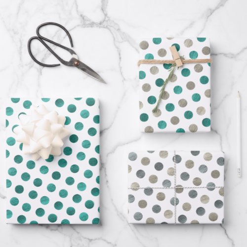  Classy White Teal  Silver Polka Dots Modern Xmas Wrapping Paper Sheets