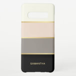 Classy Wide Stripes Pattern with Your Name Samsung Galaxy S10  Case<br><div class="desc">Classy and elegant,  this popular design has modern sophisticated appeal with its wide striped bands of black,  blush pink,  taupe,  and light beige with thin golden stripes bordering each color. Personalize the text template with your name or other desired text.</div>