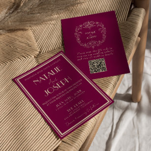 Classy Wine Beige Old Money Luxury QR Code Wedding Invitation