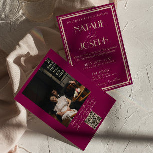 Classy Wine Old Money Retro Photo QR Code Wedding Invitation